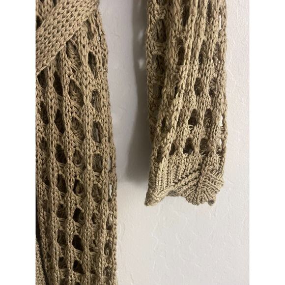 J Lux Label Cardigan Sweater L Khaki Taupe Crochet Knit Belt Long Duster Cover - Picture 6 of 8